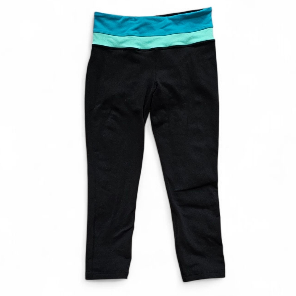 Lululemon Athletica Black Crop Leggings with Blue and Green Waistband Sz4
